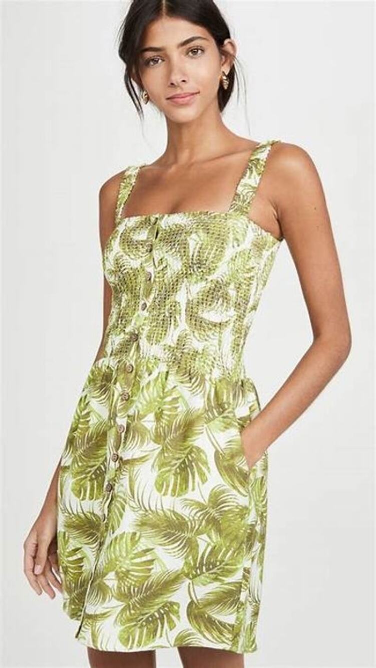 Chaser Boho Green Palm Leaf Smocked Linen Mini Dress Size XS